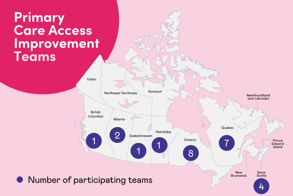  Map of Canada with purple bubbles indicating the number of participating teams by province/territory. The largest bubbles are in Ontario, Quebec and Nova Scotia.
